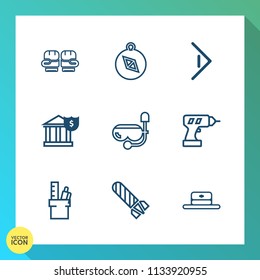 Modern, simple vector icon set on gradient background with arrow, bomb, danger, business, drill, direction, white, summer, water, mask, north, protection, competition, glove, machine, bank, sea icons