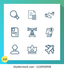 Modern, simple vector icon set on gradient background with bank, interior, search, magnifier, crown, royal, position, finance, find, profile, identity, business, financial, web, radio, internet icons