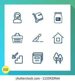 Modern, simple vector icon set on gradient background with surgery, airport, shop, environment, luggage, downstairs, doctor, tin, medical, computer, basket, landscape, people, customer, support icons