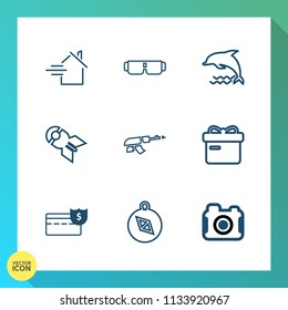 Modern, simple vector icon set on gradient background with ribbon, present, dolphin, cash, direction, estate, sale, holiday, nuclear, compass, ocean, technology, business, money, house, camera icons