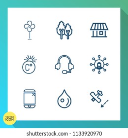 Modern, simple vector icon set on gradient background with thermometer, airplane, mobile, touchscreen, display, headset, water, ventilator, cooler, temperature, technology, tree, cell, air, rain icons