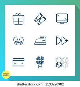 Modern, simple vector icon set on gradient background with replacement, iron, present, ironing, cardboard, audio, seamark, glasses, ribbon, decoration, lighthouse, flipper, music, relocation icons