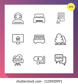 Modern, simple vector icon set on gradient background with cosmos, sos, bedroom, equipment, property, modern, estate, spaceman, cosmonaut, home, space, tripod, hotel, camera, emergency, nature icons