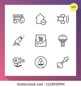 Modern, simple vector icon set on gradient background with hair, open, sale, home, dump, business, truck, list, real, bill, door, dumper, telescope, retail, extreme, white, mobile, car, price icons