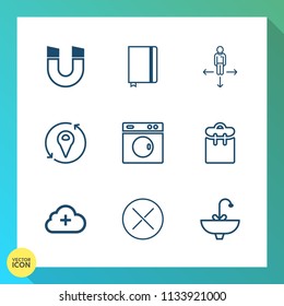 Modern, simple vector icon set on gradient background with map, people, arrow, tap, south, magnet, washer, notebook, sink, professional, direction, location, paper, machine, laundry, object, add icons