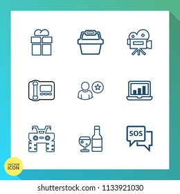 Modern, simple vector icon set on gradient background with drink, safety, basket, dirt, laptop, video, giftbox, stationary, help, atv, surprise, gift, wine, red, office, graphic, profile, white icons