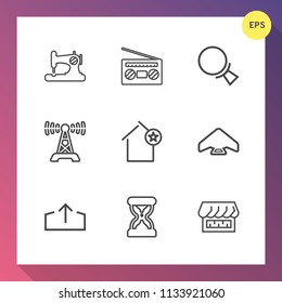 Modern, simple vector icon set on gradient background with player, jump, apartment, music, sand, parachute, house, play, hour, search, sewing, volume, sew, sky, audio, upload, tailor, white, web icons