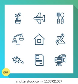 Modern, simple vector icon set on gradient background with spoon, video, identity, measurement, personal, star, kitchen, lens, falling, balance, estate, financial, tree, fork, investment, dinner icons