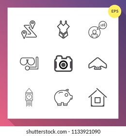 Modern, simple vector icon set on gradient background with mask, summer, direction, extreme, pointer, home, photography, estate, bikini, clock, camera, gps, photo, travel, money, finance, house icons