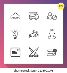 Modern, simple vector icon set on gradient background with diagram, lorry, light, air, spotlight, finance, dollar, jump, account, extreme, skydiver, car, concept, human, wallet, purse, scene icons
