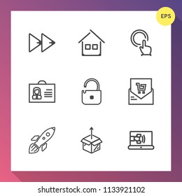 Modern, simple vector icon set on gradient background with cardboard, architecture, person, touch, new, profile, player, call, building, play, security, property, supermarket, button, house, box icons