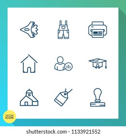 Modern, simple vector icon set on gradient background with jacket, travel, house, jetliner, plane, wear, graduation, social, home, education, work, architecture, aviation, jet, protective, sky icons