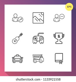 Modern, simple vector icon set on gradient background with user, guitar, musical, button, landscape, taxi, first, summer, arrow, award, business, place, achievement, sound, tourism, study, book icons