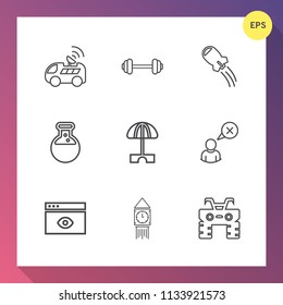 Modern, simple vector icon set on gradient background with tower, spaceship, fit, road, gps, clock, space, barbell, computer, rocket, cancel, technology, strength, parasol, physical, profile icons