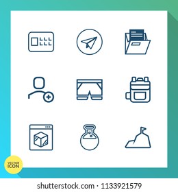 Modern, simple vector icon set on gradient background with rucksack, bag, nature, bank, shipping, lock, laboratory, online, tool, white, safe, banking, leather, file, paper, business, email, web icons