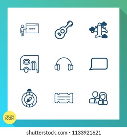 Modern, simple vector icon set on gradient background with staff, fly, compass, transportation, stereo, coupon, speech, ticket, web, white, east, entertainment, flight, south, aviation, rock, go icons