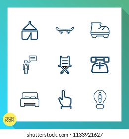 Modern, simple vector icon set on gradient background with nature, fun, street, skateboarding, tent, creative, adventure, concept, sport, extreme, button, chair, landscape, person, bedroom, seat icons