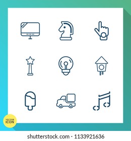 Modern, simple vector icon set on gradient background with technology, note, internet, piece, screen, truck, sweet, transportation, monitor, energy, game, cream, light, birdhouse, ice, strategy icons