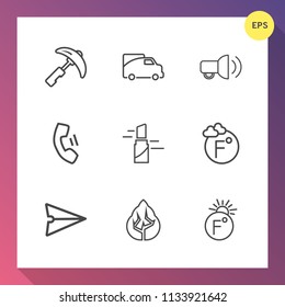 Modern, simple vector icon set on gradient background with road, red, industry, transportation, landscape, megaphone, speech, machinery, internet, fahrenheit, vehicle, work, beauty, picking, web icons