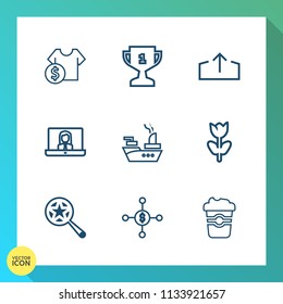 Modern, simple vector icon set on gradient background with floral, price, coffee, place, dollar, blossom, ship, award, internet, drink, t-shirt, military, mug, investment, clothes, video, call icons