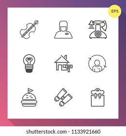Modern, simple vector icon set on gradient background with vision, hospitality, vintage, phone, string, sound, electricity, lightbulb, rent, bread, sandwich, uniform, cello, glasses, pretty, old icons