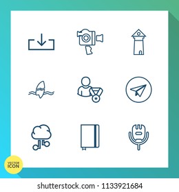 Modern, simple vector icon set on gradient background with page, equipment, surfer, tower, book, handle, tropical, voice, technology, karaoke, communication, microphone, internet, website, song icons