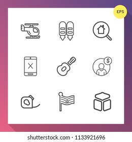 Modern, simple vector icon set on gradient background with flag, nation, white, estate, tape, aircraft, national, house, electrical, internet, business, sky, coaxial, flight, insulating, cancel icons