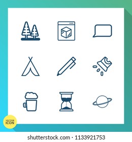 Modern, simple vector icon set on gradient background with plant, pub, tent, business, alcohol, planet, clock, talk, tree, orbit, trunk, hourglass, speech, beer, projection, screen, online, pen icons
