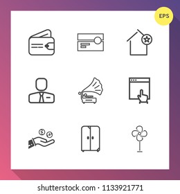 Modern, simple vector icon set on gradient background with furniture, dollar, business, mouse, favorite, cabinet, stereo, music, cash, media, wallet, sound, pay, retro, purse, gramophone, click icons
