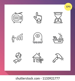 Modern, simple vector icon set on gradient background with cargo, clock, electronic, home, hour, construction, war, equipment, tuner, package, estate, growth, retro, screen, marine, shipping, tv icons