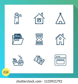 Modern, simple vector icon set on gradient background with lighthouse, pin, time, war, oven, light, architecture, camp, military, location, blank, file, timer, tent, road, kitchen, folder, ocean icons