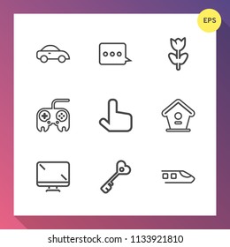 Modern, simple vector icon set on gradient background with nature, display, business, birdhouse, home, background, pink, screen, cab, house, bird, petal, message, floral, arrow, white, car, taxi icons