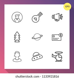 Modern, simple vector icon set on gradient background with tree, ship, bank, astronomy, landscape, environment, man, profile, aircraft, musical, loud, speaker, business, human, sound, technology icons
