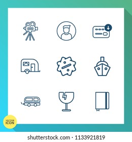Modern, simple vector icon set on gradient background with sea, people, sack, bag, vessel, lens, camera, film, notebook, crash, equipment, paper, retro, page, travel, male, vehicle, social, book icons