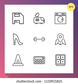 Modern, simple vector icon set on gradient background with technology, laundry, tv, satellite, button, money, truck, van, map, business, disk, floppy, gym, ladder, female, workout, fashion, sign icons