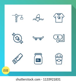 Modern, simple vector icon set on gradient background with tin, ribbon, shirt, can, glass, building, wave, decorative, collection, diving, surf, drink, tropical, print, badge, hammer, sea, ocean icons