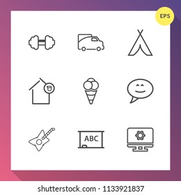 Modern, simple vector icon set on gradient background with owner, right, technology, business, workout, van, home, transport, board, barbell, speech, fit, blackboard, landlord, food, computer icons