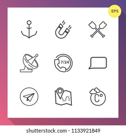 Modern, simple vector icon set on gradient background with dish, technology, map, ship, south, marine, magnet, canoe, speech, operator, talk, communication, wheel, web, paddle, boat, pole, email icons