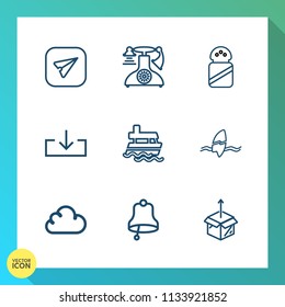 Modern, simple vector icon set on gradient background with unpacking, white, boat, new, box, button, email, retro, tropical, message, internet, communication, smartphone, download, classic, sign icons