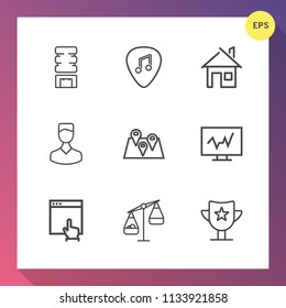 Modern, simple vector icon set on gradient background with reward, internet, cold, technology, container, prize, map, house, musical, award, avatar, weight, concert, location, win, balance, cool icons