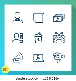 Modern, simple vector icon set on gradient background with summer, money, equipment, atv, technology, drink, people, music, vintage, retro, glass, message, social, film, board, man, note, stick icons