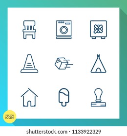 Modern, simple vector icon set on gradient background with chair, furniture, stamp, washer, transportation, room, travel, cream, safe, laundry, housework, ladder, estate, camp, dessert, seat, up icons