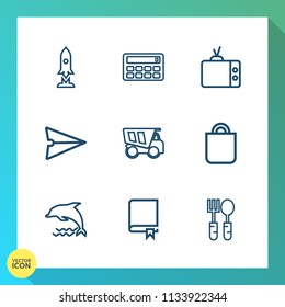 Modern, simple vector icon set on gradient background with celebration, dump, dumper, email, tipper, tv, sign, people, animal, web, communication, spaceship, video, ship, rocket, kitchen, gift icons