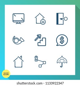 Modern, simple vector icon set on gradient background with tag, computer, upstairs, open, circle, up, rain, property, investment, door, estate, label, down, musical, house, location, real, map icons