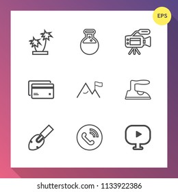 Modern, simple vector icon set on gradient background with equipment, plastic, tropical, leaf, debit, housework, white, video, professional, clothes, ironing, media, banking, circle, iron, card icons