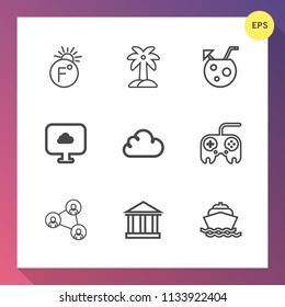 Modern, simple vector icon set on gradient background with weather, communication, juice, cocktail, screen, tourism, boat, water, web, yacht, plant, temperature, natural, leaf, display, cold icons
