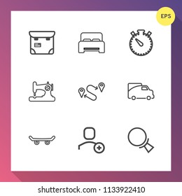 Modern, simple vector icon set on gradient background with machine, web, delete, sew, magnifying, passenger, pass, transportation, position, search, one, find, user, pretty, time, clock, watch icons