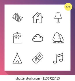 Modern, simple vector icon set on gradient background with travel, interior, tent, environment, sound, row, landscape, note, cloud, adventure, location, light, property, lamp, road, modern, gps icons