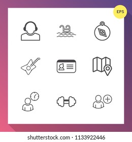 Modern, simple vector icon set on gradient background with identity, work, fitness, east, add, headset, service, team, blue, hour, document, vacation, south, operator, center, help, compass, gym icons