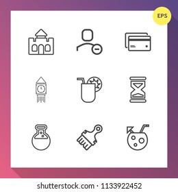 Modern, simple vector icon set on gradient background with juice, web, building, timer, old, kingdom, equipment, ben, castle, england, sign, delete, payment, clock, account, cocktail, medicine,  icons